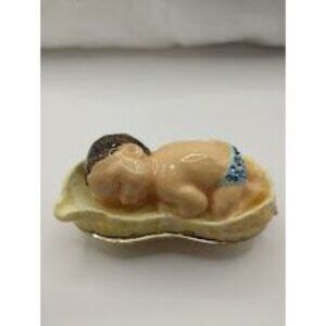 Hand-Painted Enameled Baby Sleeping in a Peanut Trinket Box with Necklace